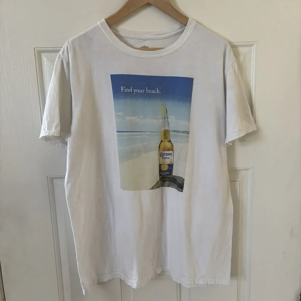 Corona Mens White Shirt Size L Short Sleeve Beer Beach‎ Logo Travel Outdoors USA